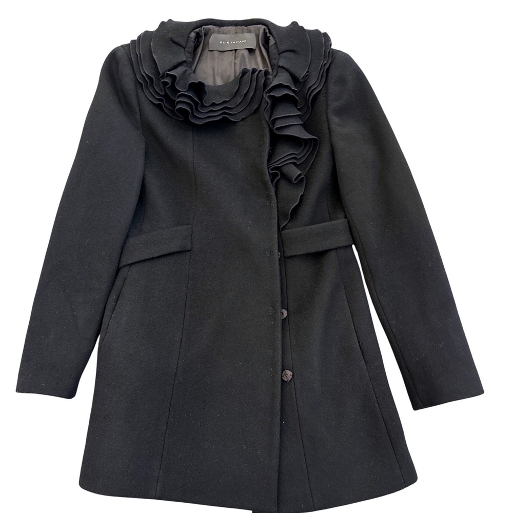 Elie Tahari Black Ruffle Collar Wool Blend Coat Women's Elegant Tailored Jacket